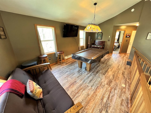 game room featuring billiards, baseboards, vaulted ceiling, and light wood-type flooring