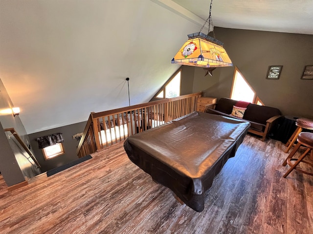 game room featuring wood finished floors, billiards, and lofted ceiling