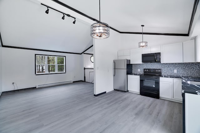 8066 Red Squirrel Dr, Tobyhanna, PA 18466 - kitchen with baseboard heating, backsplash, black appliances, dark countertops, and white cabinets