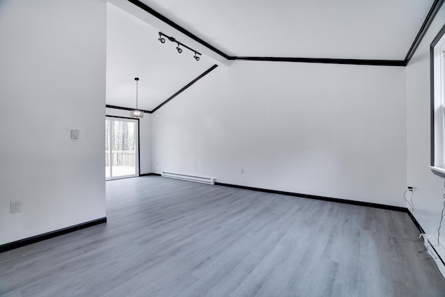 8066 Red Squirrel Dr, Tobyhanna, PA 18466 - unfurnished living room featuring baseboards, wood finished floors, baseboard heating, and vaulted ceiling with beams