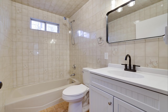 8066 Red Squirrel Dr, Tobyhanna, PA 18466 - bathroom with shower / bathing tub combination, tile walls, tasteful backsplash, toilet, and vanity