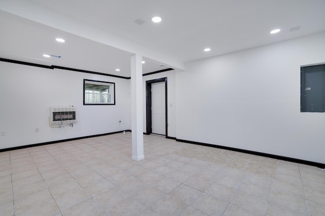 8066 Red Squirrel Dr, Tobyhanna, PA 18466 - basement featuring heating unit, electric panel, crown molding, baseboards, and recessed lighting