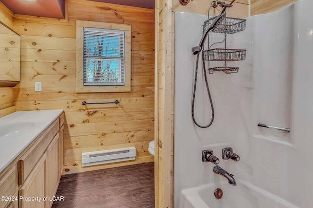 8 Tulip Ln, Thornhurst, PA 18424 - bathroom featuring a baseboard heating unit, wood walls, vanity, wood finished floors, and shower / bathtub combination