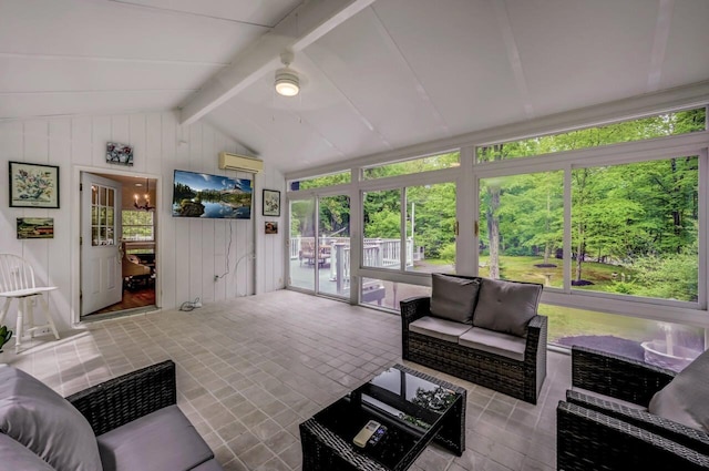 14 Ace Ln, East Stroudsburg, PA 18301 - sunroom / solarium with an outdoor living space, wooden walls, and a wall mounted air conditioner