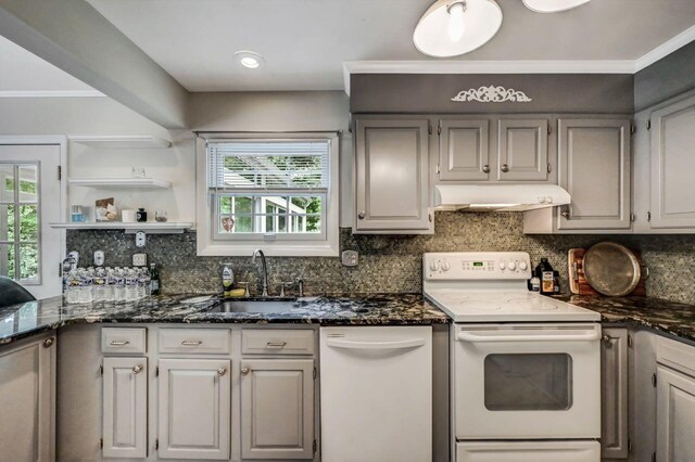 14 Ace Ln, East Stroudsburg, PA 18301 - kitchen featuring white appliances, premium range hood, a sink, decorative backsplash, and dark stone counters