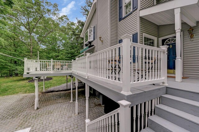 14 Ace Ln, East Stroudsburg, PA 18301 - wooden terrace featuring stairs and view of scattered trees