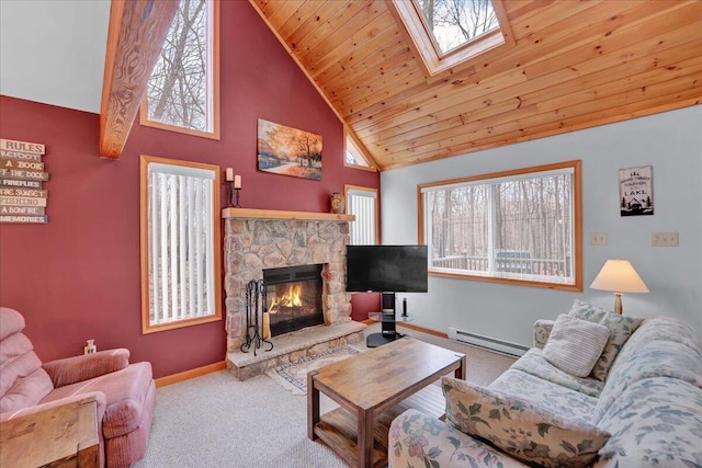 carpeted living area with a skylight, a baseboard radiator, a stone fireplace, high vaulted ceiling, and wooden ceiling