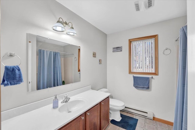 bathroom with visible vents, a shower with shower curtain, toilet, a baseboard radiator, and vanity