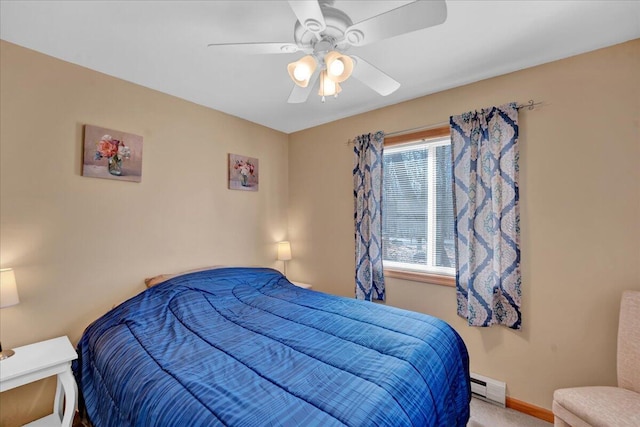 bedroom with a baseboard radiator, baseboards, ceiling fan, and carpet flooring