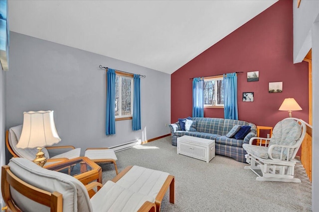 carpeted living room featuring baseboards, a baseboard heating unit, and vaulted ceiling