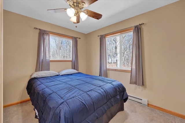 bedroom with carpet floors, baseboards, a baseboard heating unit, and a ceiling fan