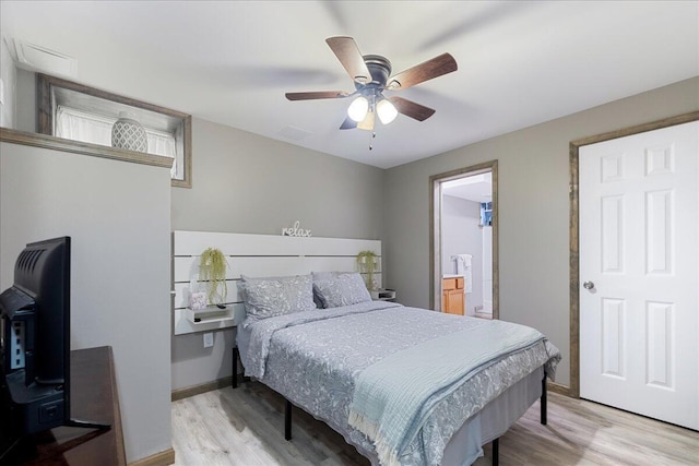 71 Pope Ln, Albrightsville, PA 18210 - bedroom with light wood-type flooring, a ceiling fan, and ensuite bathroom
