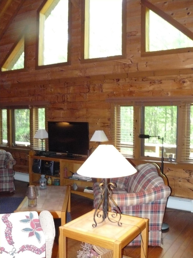 1006 Mill Creek Rd, Newfoundland, PA 18445 - living room featuring wooden walls, wood finished floors, a baseboard radiator, and a high ceiling
