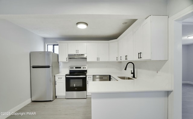 kitchen with white cabinetry, stainless steel appliances, kitchen peninsula, and sink