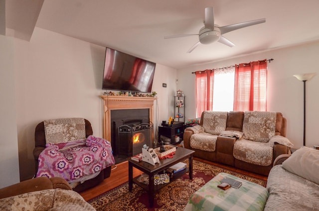 living area featuring ceiling fan and wood finished floors