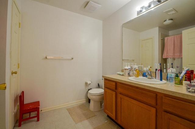 bathroom with tile patterned floors, visible vents, toilet, walk in shower, and vanity