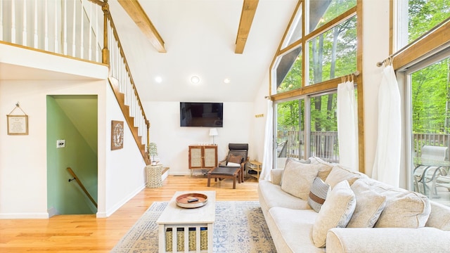 112 Moshannon Dr, Pocono Lake, PA 18347 - living area featuring high vaulted ceiling, beam ceiling, wood finished floors, baseboards, and recessed lighting