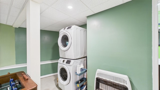 112 Moshannon Dr, Pocono Lake, PA 18347 - laundry room featuring heating unit and stacked washer and clothes dryer