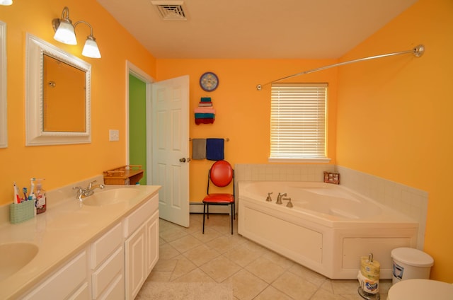1214 Shadblow Rd, Pocono Summit, PA 18346 - full bathroom with a garden tub, baseboard heating, double vanity, and tile patterned flooring