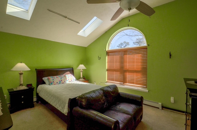 1214 Shadblow Rd, Pocono Summit, PA 18346 - bedroom with a skylight, baseboard heating, carpet, vaulted ceiling, and ceiling fan