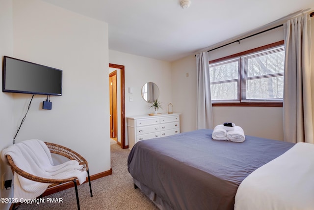 bedroom featuring baseboards and light colored carpet