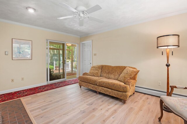450 Bear Creek Lake Dr, Jim Thorpe, PA 18229 - living area featuring light wood-style flooring, ceiling fan, ornamental molding, and a baseboard radiator