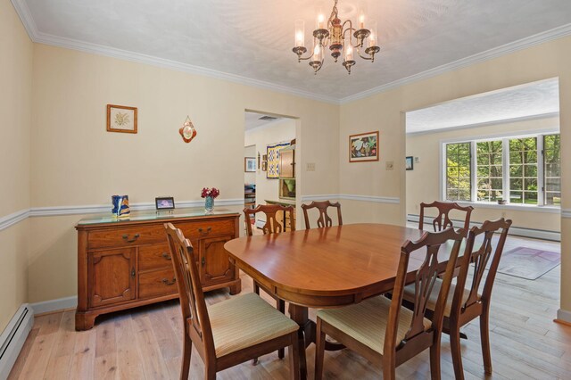 450 Bear Creek Lake Dr, Jim Thorpe, PA 18229 - dining area with a baseboard radiator, a chandelier, light wood-style flooring, and crown molding