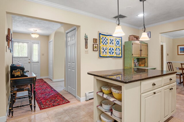 450 Bear Creek Lake Dr, Jim Thorpe, PA 18229 - kitchen featuring a baseboard radiator, open shelves, dark stone counters, pendant lighting, and ornamental molding
