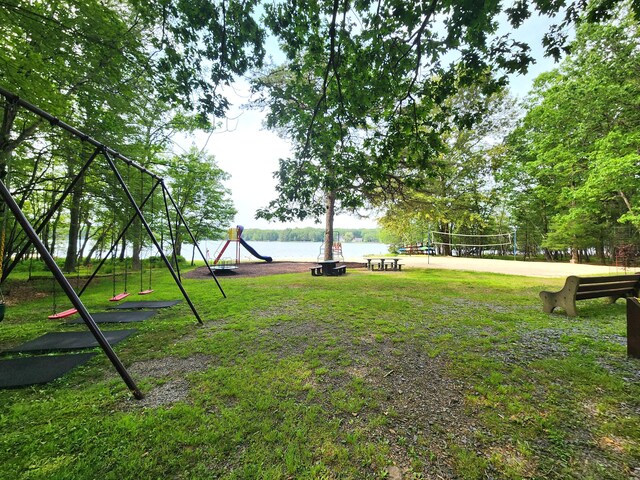 450 Bear Creek Lake Dr, Jim Thorpe, PA 18229 - view of green lawn with volleyball court and a water view