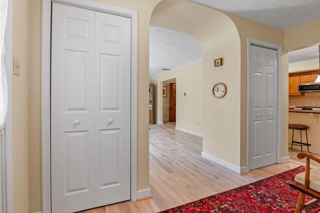 450 Bear Creek Lake Dr, Jim Thorpe, PA 18229 - hallway featuring arched walkways, light wood-type flooring, and crown molding