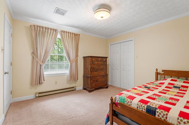 450 Bear Creek Lake Dr, Jim Thorpe, PA 18229 - bedroom with a baseboard radiator, carpet floors, a closet, and ornamental molding