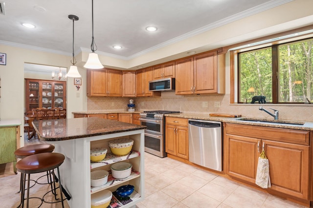 450 Bear Creek Lake Dr, Jim Thorpe, PA 18229 - kitchen featuring stainless steel appliances, open shelves, dark stone countertops, a kitchen island, and tasteful backsplash