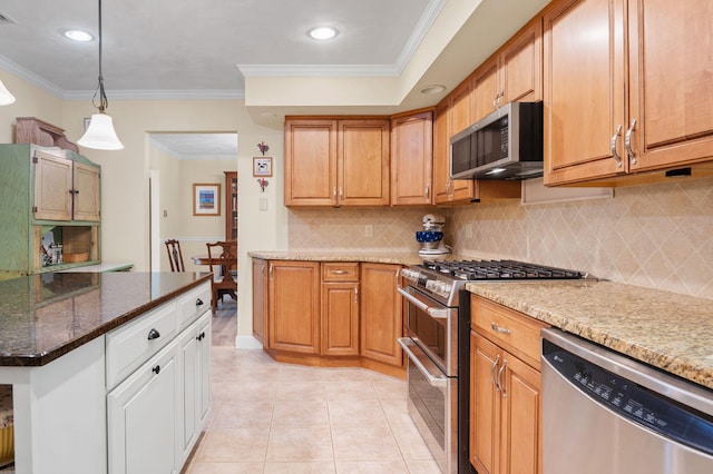 450 Bear Creek Lake Dr, Jim Thorpe, PA 18229 - kitchen with stainless steel appliances, backsplash, ornamental molding, light tile patterned floors, and dark stone countertops
