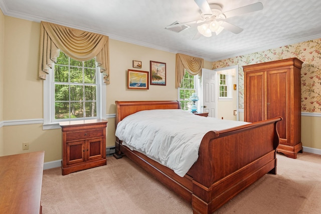 450 Bear Creek Lake Dr, Jim Thorpe, PA 18229 - bedroom with light colored carpet, ornamental molding, and a ceiling fan