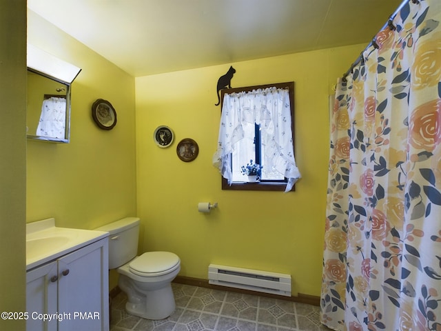 bathroom featuring a baseboard radiator, baseboards, vanity, and toilet