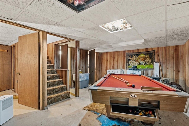 130 Deer Trail Dr, Saylorsburg, PA 18353 - playroom featuring billiards, wooden walls, a paneled ceiling, and concrete flooring