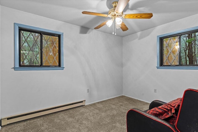 130 Deer Trail Dr, Saylorsburg, PA 18353 - sitting room featuring a baseboard heating unit, healthy amount of natural light, carpet floors, and ceiling fan