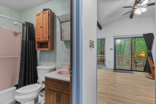 130 Deer Trail Dr, Saylorsburg, PA 18353 - bathroom with wood finished floors, vanity, a ceiling fan, and shower / tub combo with curtain