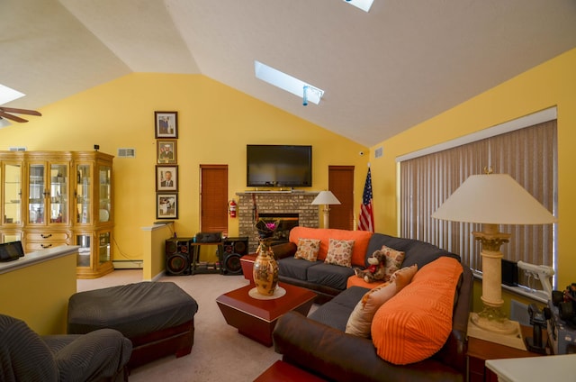 living room featuring a fireplace, visible vents, baseboard heating, lofted ceiling with skylight, and carpet flooring