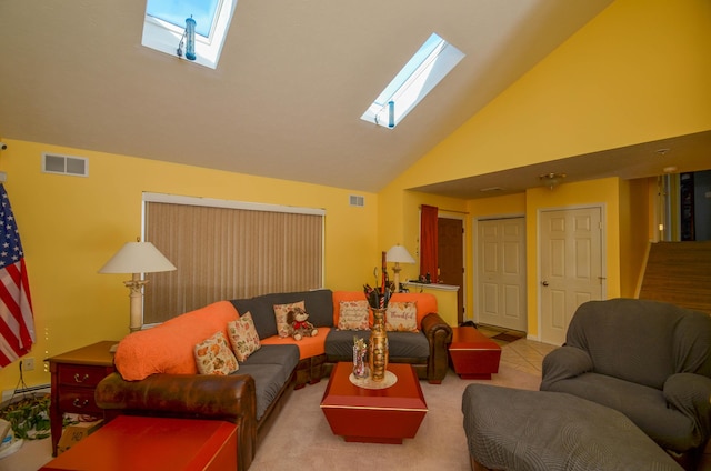 carpeted living area featuring baseboard heating, stairway, a skylight, and visible vents