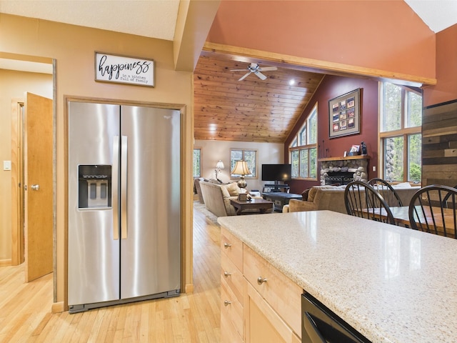 140 Boones Trl, Pocono Pines, PA 18350 - kitchen with stainless steel refrigerator with ice dispenser, light wood-style flooring, wood ceiling, ceiling fan, and light stone counters