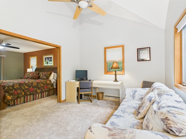 140 Boones Trl, Pocono Pines, PA 18350 - carpeted bedroom with a desk, a ceiling fan, and high vaulted ceiling
