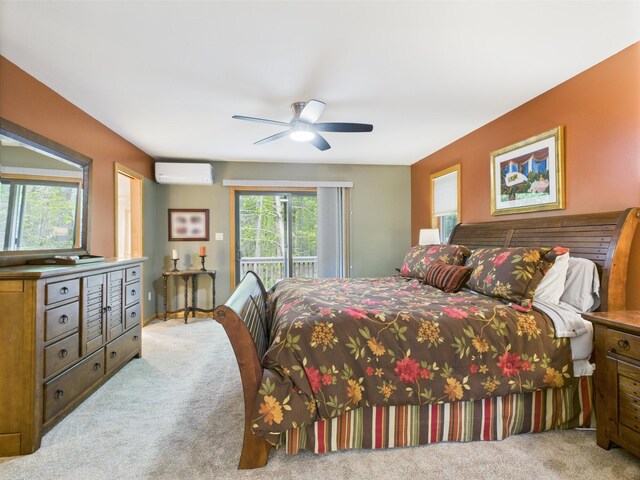 140 Boones Trl, Pocono Pines, PA 18350 - bedroom with carpet floors, a wall mounted AC, access to exterior, and ceiling fan