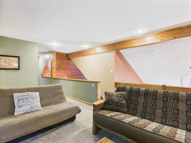 140 Boones Trl, Pocono Pines, PA 18350 - carpeted living area with vaulted ceiling, recessed lighting, and baseboards