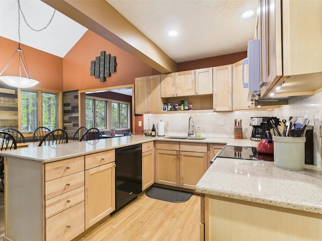 140 Boones Trl, Pocono Pines, PA 18350 - kitchen with dishwasher, light brown cabinets, a peninsula, a sink, and light wood-style flooring