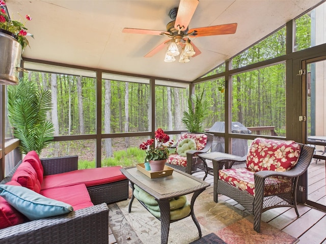 140 Boones Trl, Pocono Pines, PA 18350 - sunroom with an outdoor hangout area, a ceiling fan, and vaulted ceiling