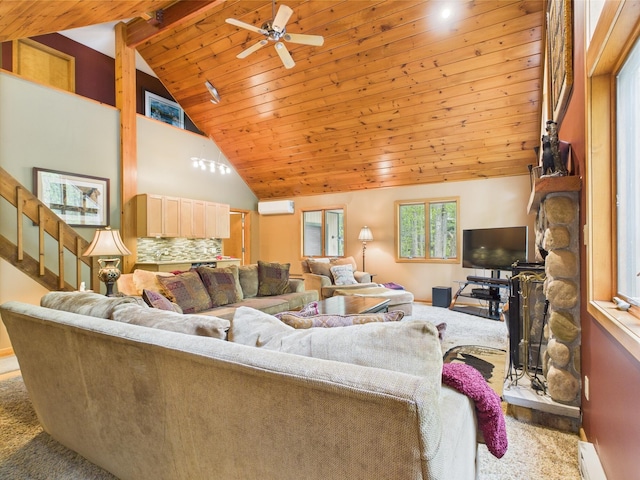 140 Boones Trl, Pocono Pines, PA 18350 - living area with a wall mounted AC, wood ceiling, carpet flooring, a ceiling fan, and stairway