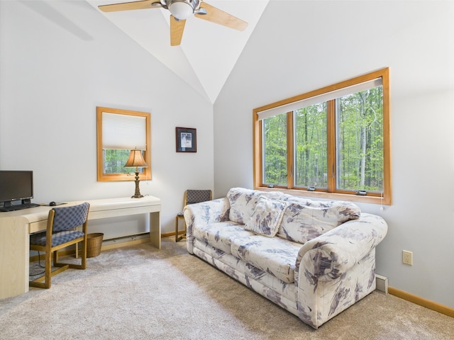 140 Boones Trl, Pocono Pines, PA 18350 - carpeted office space with high vaulted ceiling, a ceiling fan, and baseboards