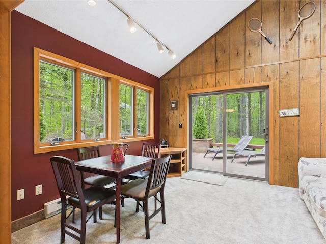 140 Boones Trl, Pocono Pines, PA 18350 - dining area featuring rail lighting, wooden walls, a baseboard radiator, carpet floors, and high vaulted ceiling