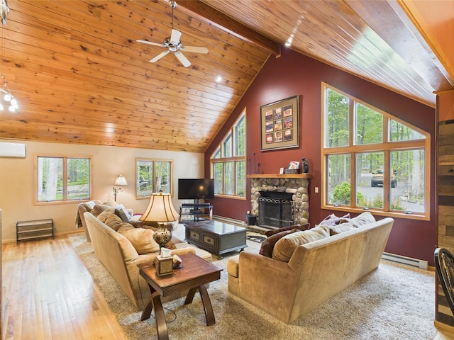 140 Boones Trl, Pocono Pines, PA 18350 - living area with wood ceiling, a wall mounted air conditioner, wood finished floors, a fireplace, and ceiling fan